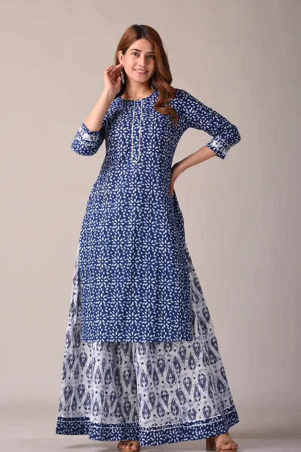 Indigo_Floral_Ethnic_Motif_Block_Printed_Pure_Cotton_Kurta_And_Skirt_Set