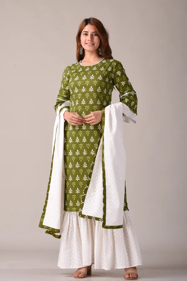 Green_Pure_Cotton_Ethnic_Motif_Jaipuri_Printed_Green_and_White_Kurta,_Sharara_And_Dupatta_Set