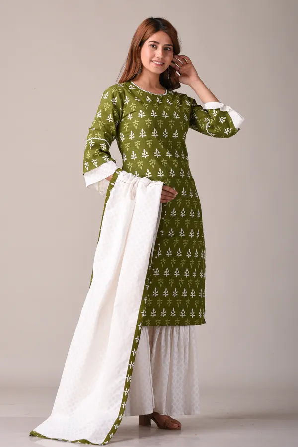 Green_Pure_Cotton_Ethnic_Motif_Jaipuri_Printed_Green_and_White_Kurta,_Sharara_And_Dupatta_Set