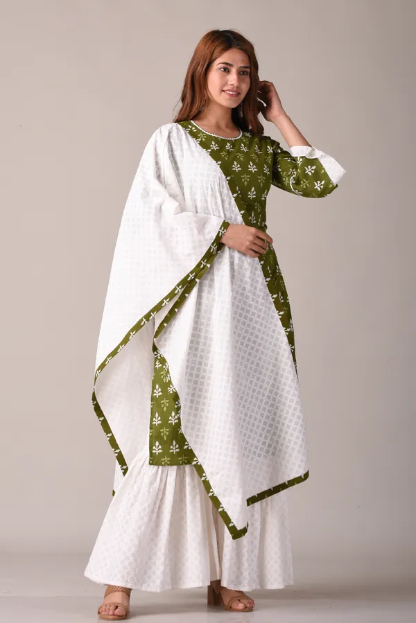 Green_Pure_Cotton_Ethnic_Motif_Jaipuri_Printed_Green_and_White_Kurta,_Sharara_And_Dupatta_Set