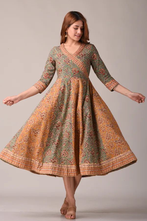 Green_Floral_Block_Printed_Angrakha_Style_Pure_Cotton_Maxi_Dress