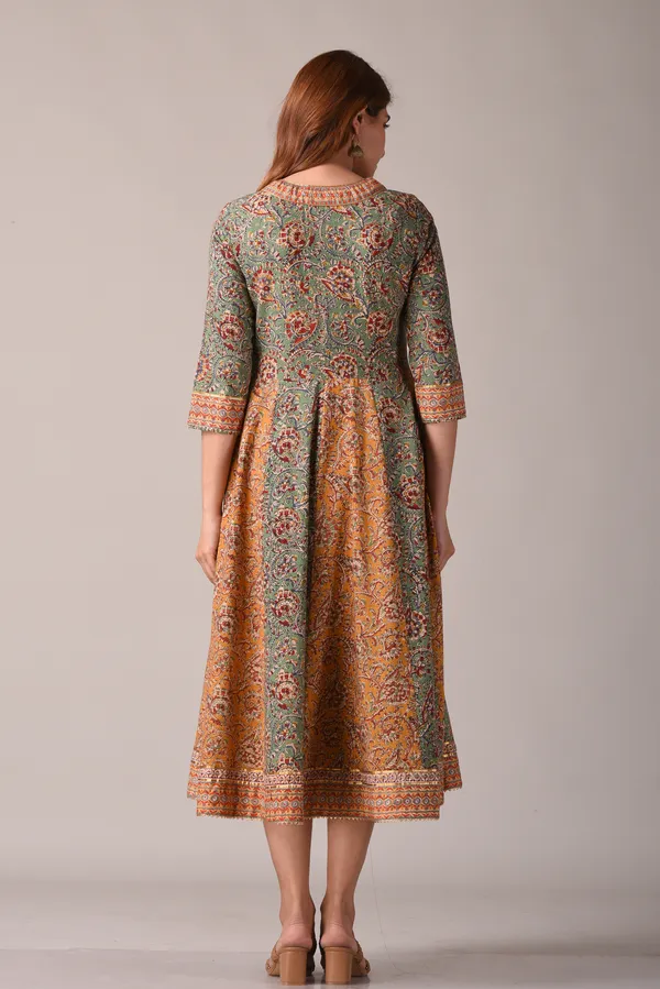 Green_Floral_Block_Printed_Angrakha_Style_Pure_Cotton_Maxi_Dress