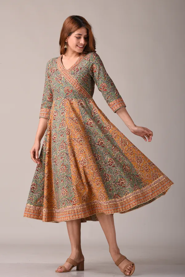 Green_Floral_Block_Printed_Angrakha_Style_Pure_Cotton_Maxi_Dress