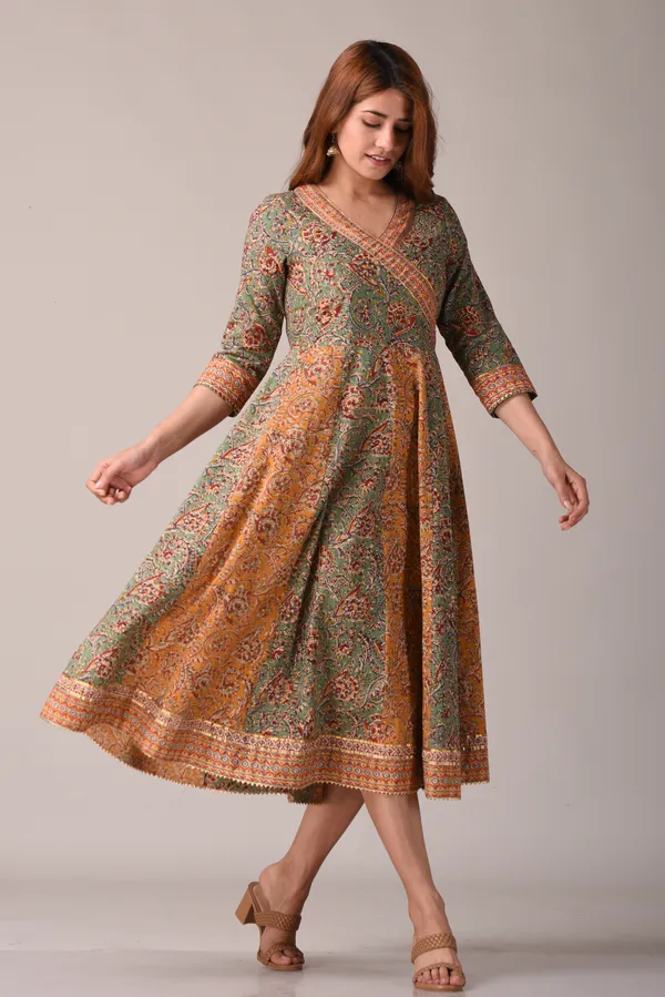 Green_Floral_Block_Printed_Angrakha_Style_Pure_Cotton_Maxi_Dress