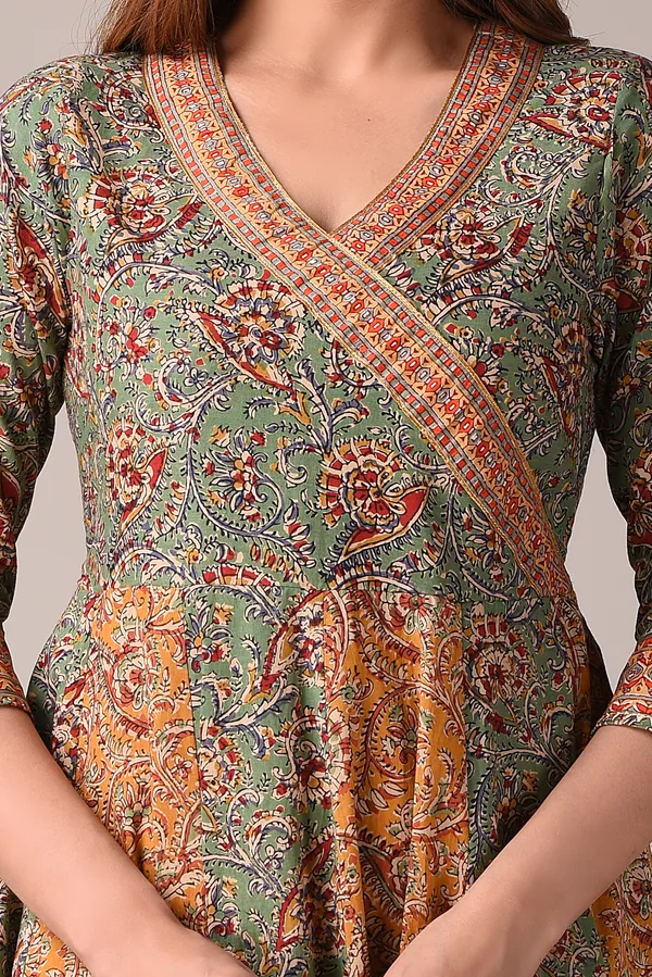 Green_Floral_Block_Printed_Angrakha_Style_Pure_Cotton_Maxi_Dress
