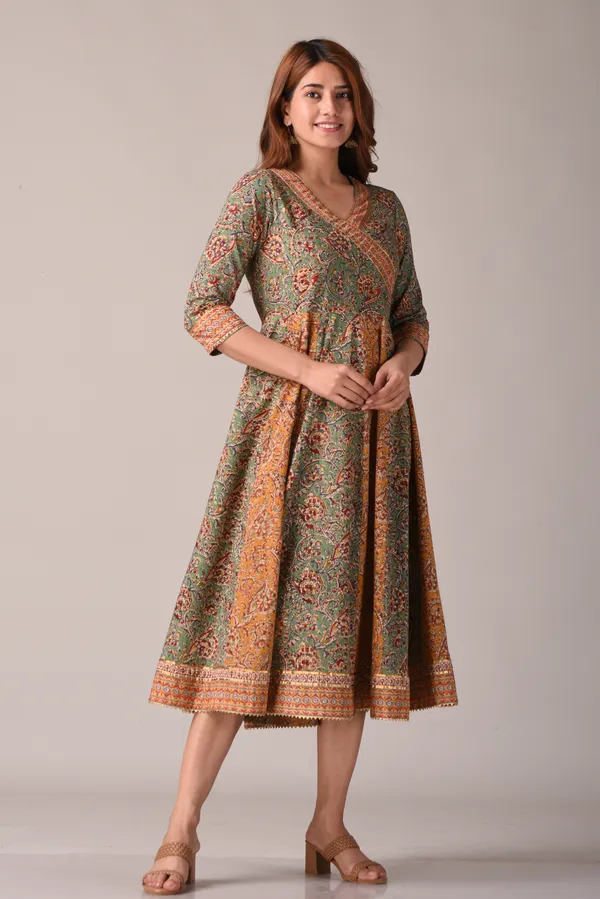 Green_Floral_Block_Printed_Angrakha_Style_Pure_Cotton_Maxi_Dress