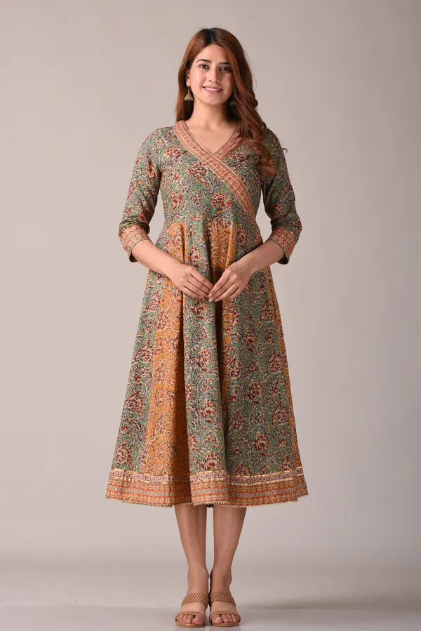 Green_Floral_Block_Printed_Angrakha_Style_Pure_Cotton_Maxi_Dress