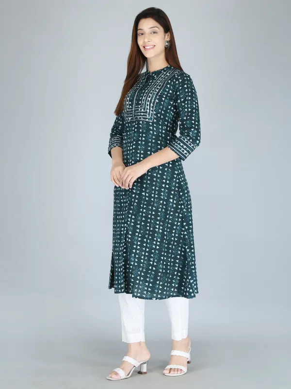 Bottle_Green_Print_Pure_Cotton_A-Line_Kurta