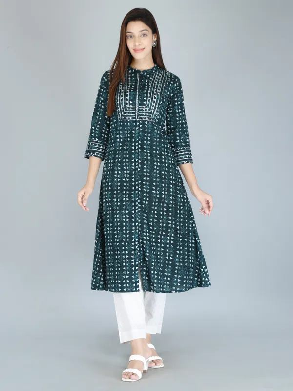 Bottle_Green_Print_Pure_Cotton_A-Line_Kurta