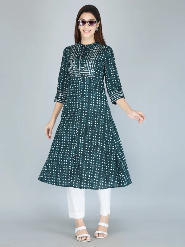 Bottle_Green_Print_Pure_Cotton_A-Line_Kurta