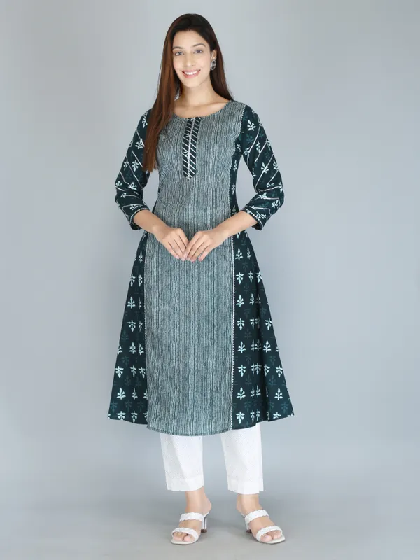 Bottle_Green_Ethnic_Motif_Printed_Pure_Cotton_A-Line_Kurta