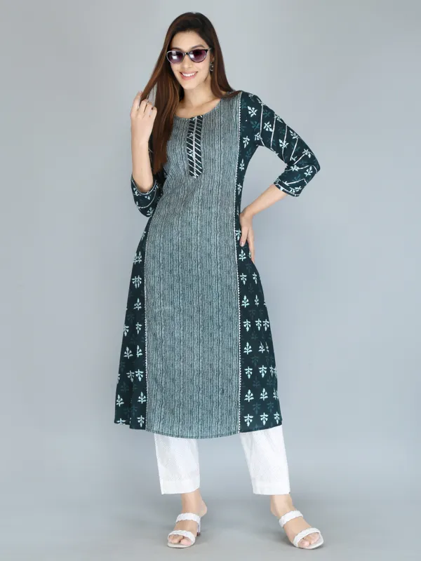 Bottle_Green_Ethnic_Motif_Printed_Pure_Cotton_A-Line_Kurta