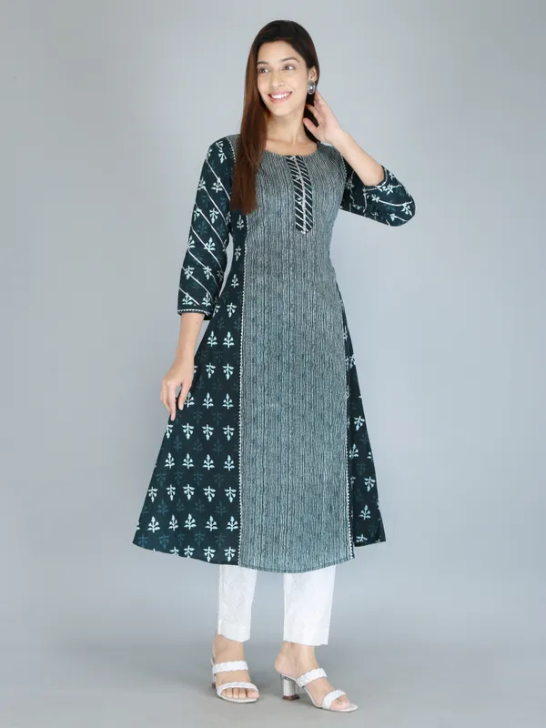 Bottle_Green_Ethnic_Motif_Printed_Pure_Cotton_A-Line_Kurta