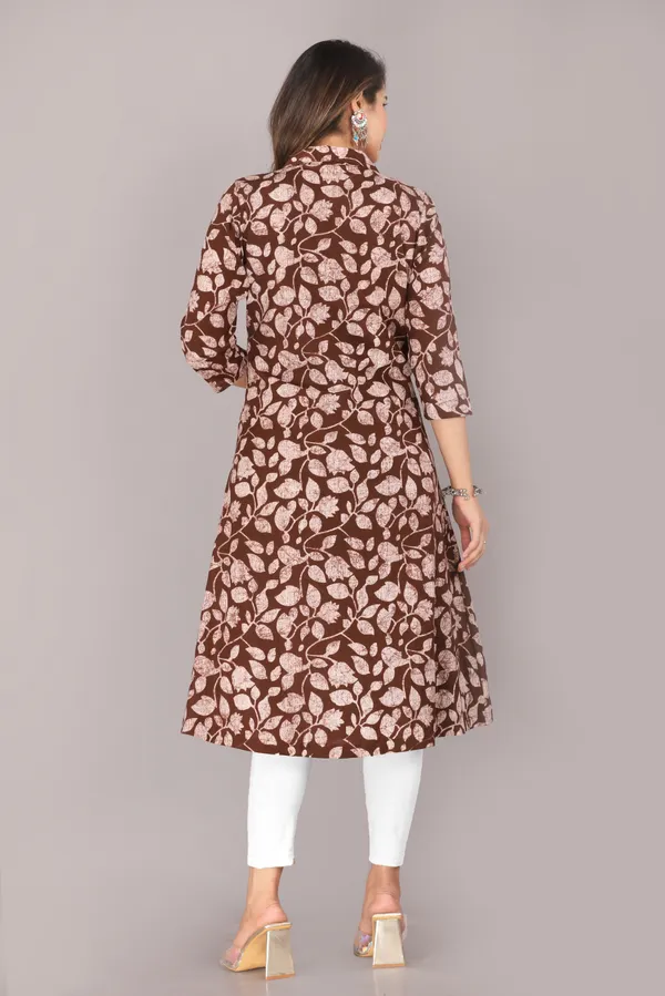 Brown_Floral_Ethnic_Motif_Block_Printed_Pure_Cotton_Kurta_And_Shrug_Set