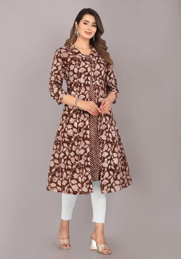 Brown_Floral_Ethnic_Motif_Block_Printed_Pure_Cotton_Kurta_And_Shrug_Set