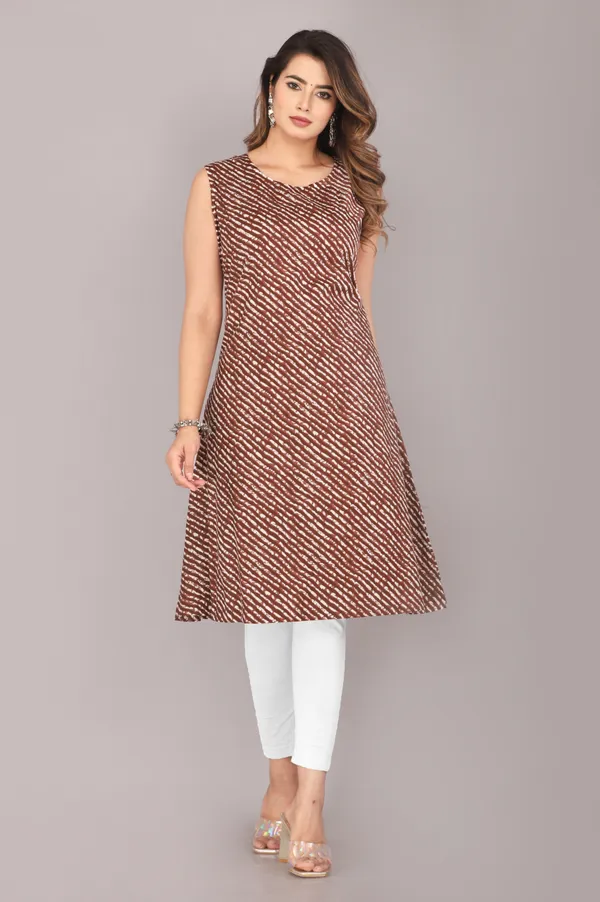 Brown_Floral_Ethnic_Motif_Block_Printed_Pure_Cotton_Kurta_And_Shrug_Set