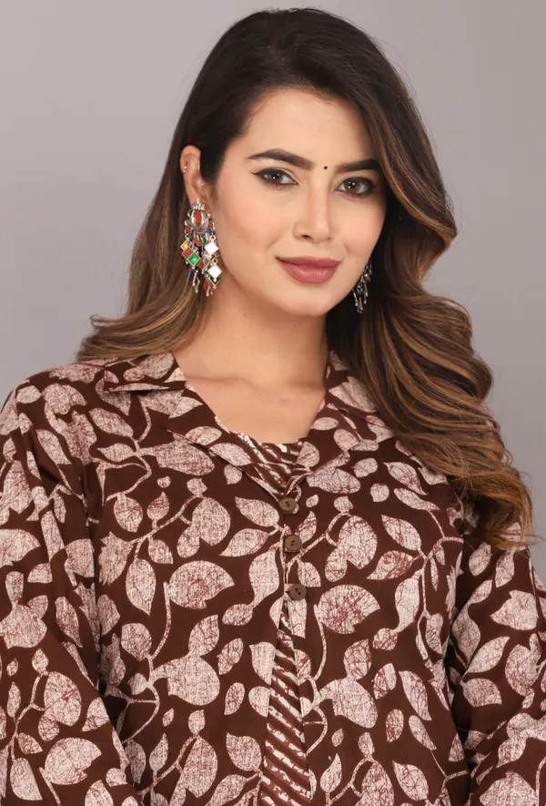 Brown_Floral_Ethnic_Motif_Block_Printed_Pure_Cotton_Kurta_And_Shrug_Set