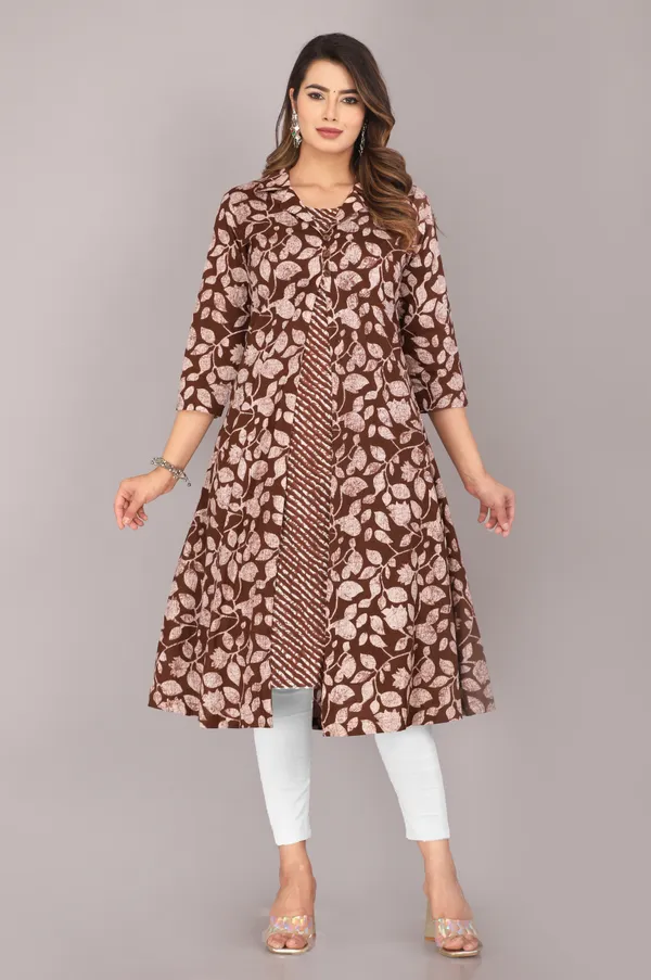 Brown_Floral_Ethnic_Motif_Block_Printed_Pure_Cotton_Kurta_And_Shrug_Set