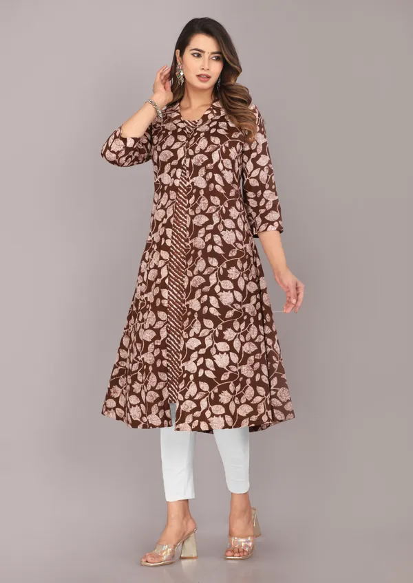 Brown_Floral_Ethnic_Motif_Block_Printed_Pure_Cotton_Kurta_And_Shrug_Set