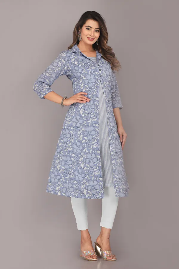 Grey_Floral_Ethnic_Motif_Block_Printed_Pure_Cotton_Kurta_And_Shrug_Set