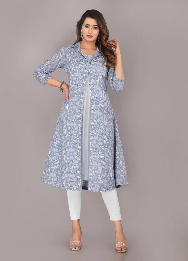 Grey_Floral_Ethnic_Motif_Block_Printed_Pure_Cotton_Kurta_And_Shrug_Set