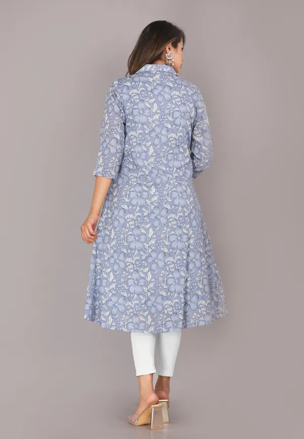 Grey_Floral_Ethnic_Motif_Block_Printed_Pure_Cotton_Kurta_And_Shrug_Set