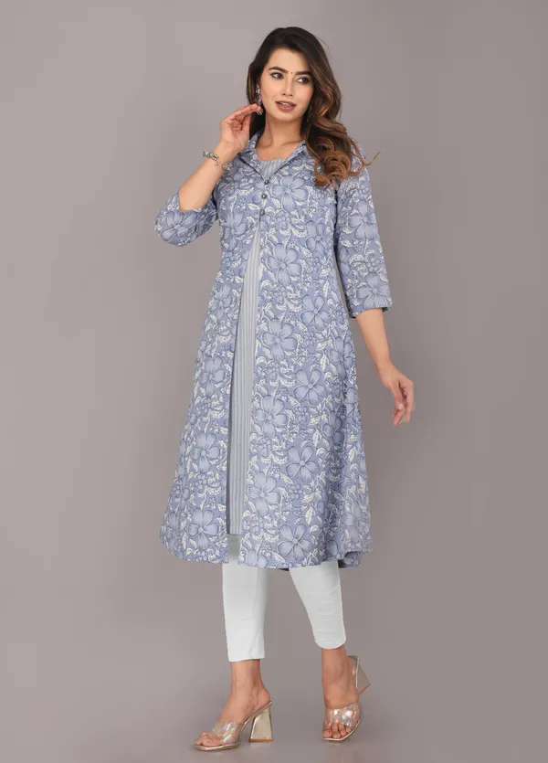 Grey_Floral_Ethnic_Motif_Block_Printed_Pure_Cotton_Kurta_And_Shrug_Set