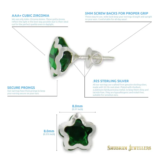 Green_925-92.5_Sterling_Star_Cut__Real_Cubic_Zirconia_Fashion_Stud_Tops_Earrings_For_MenWomenChildrenBoys_And_Girls