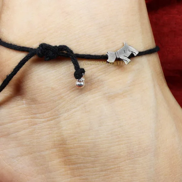 Silver_925_Oxidised__Thread_Puppy_Nazarbattu/Nazaiya_Anklet/For_Girls_Women_And_Children_With_Ghunghroo