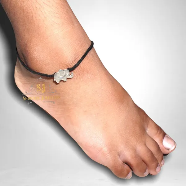 Silver_925_New_Oxidised__Thread_Elephant_Nazarbattu/Nazaiya_Anklet/For_Girls_Women_And_Children_With_Ghunghroo