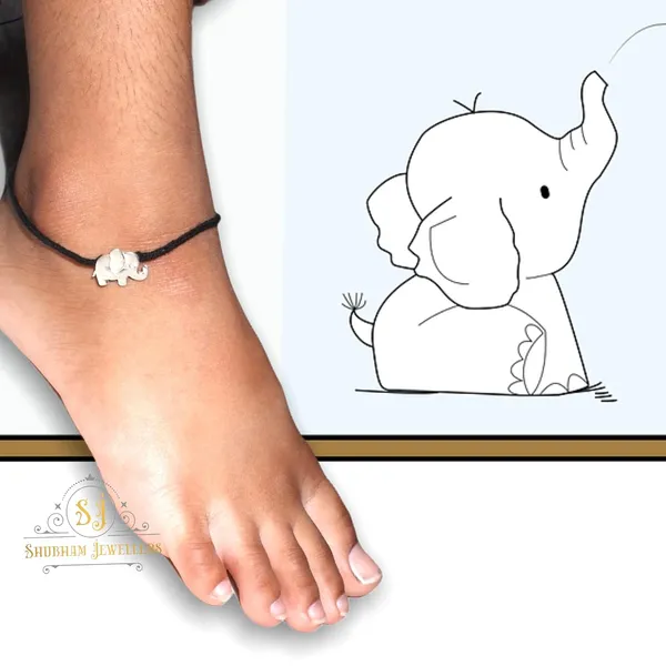Silver_925_New_Oxidised__Thread_Elephant_Nazarbattu/Nazaiya_Anklet/For_Girls_Women_And_Children_With_Ghunghroo