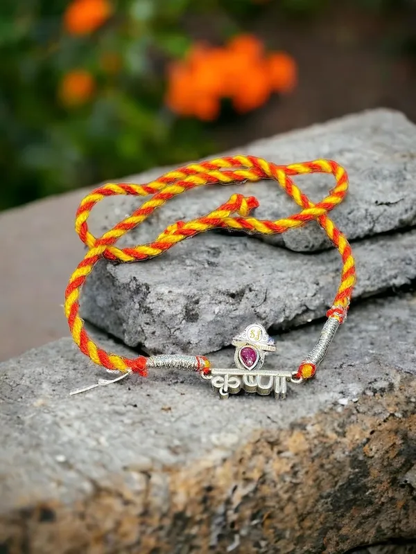 Silver_925_Sterling_Rakhi_For_Brother_Krishna_Raksha_Bandhan_Pure_Cotton_For_Men,_Boys,_Kids_Rakhi_With_Roli_Chawal