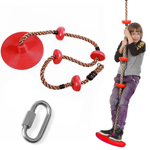 Red_Platforms_Disc_Tree_Swing_Seat_And_Climbing_Knot_Rope_With_Carabiner_Hook_For_Kids_Outdoor_Playground_Set
