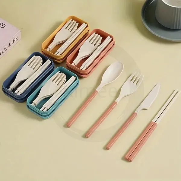 Multicolor_Plastic_Cutlery_Set_For_Lunch_Box_(Set_Of_4_Pcs)_Re-Usable_Spoon_Set_Premium_Plastic_(Spoon,_Fork,_Chopsticks,_Knife_Travel_Spoon)_Portable_Tableware_Men_Women_Office,_Home_School_Kids
