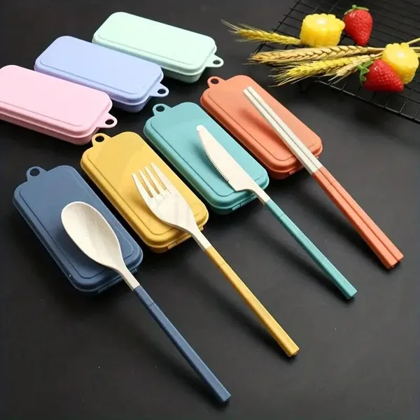 Multicolor_Plastic_Cutlery_Set_For_Lunch_Box_(Set_Of_4_Pcs)_Re-Usable_Spoon_Set_Premium_Plastic_(Spoon,_Fork,_Chopsticks,_Knife_Travel_Spoon)_Portable_Tableware_Men_Women_Office,_Home_School_Kids