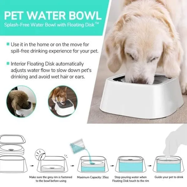 White_Plastic_Dog_Water_Bowl_Non_Spill,_1.5L_Large_Pet_Water_Bowl_With_Filter,_Slow_Water_Feeder_Vehicle_Carried_Splash_Free_For_Dogs_Cats_Pets,_Floating_Disk