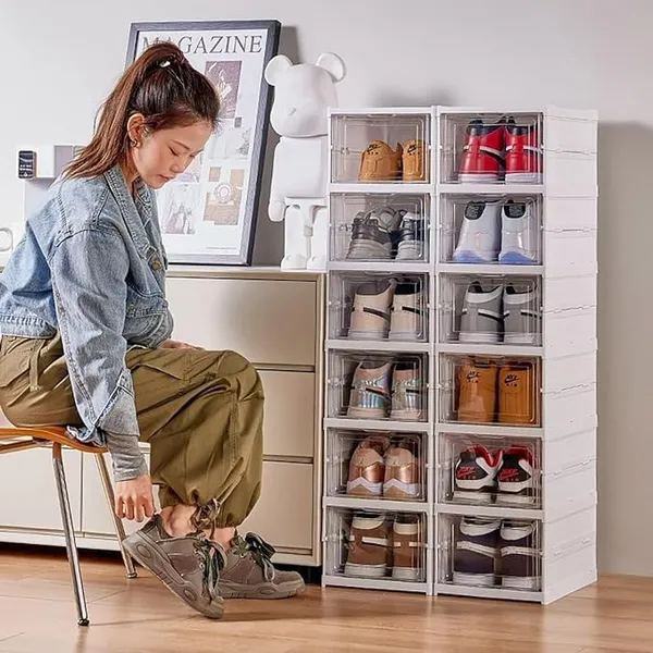 White_Strong_Polypropylene_Plastic_And_Ps_Sneaker_Storage_Box_-_4_Tier_Collapsible_Shoe_Rack_With_Door