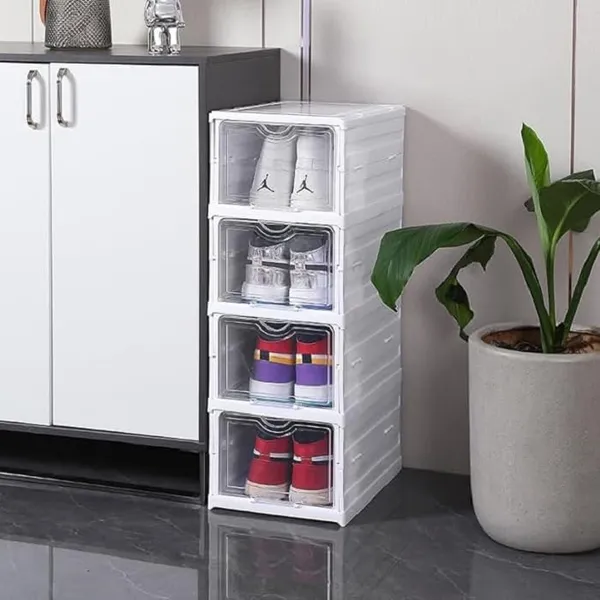 White_Strong_Polypropylene_Plastic_And_Ps_Sneaker_Storage_Box_-_4_Tier_Collapsible_Shoe_Rack_With_Door