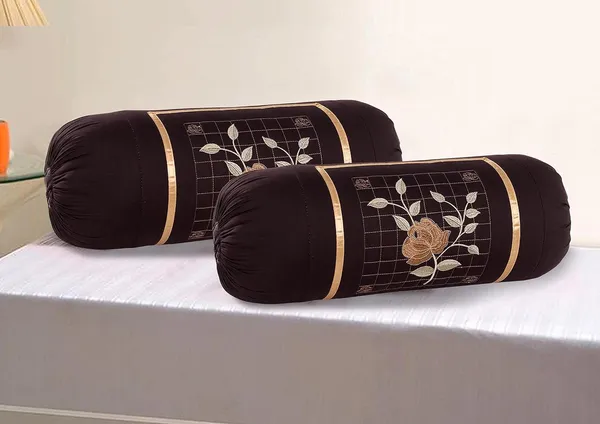 Set_Of_2_Piece_Dark_Brown_Microfiber_Rose_Embroidery_Bolsters_Covers__Dark
