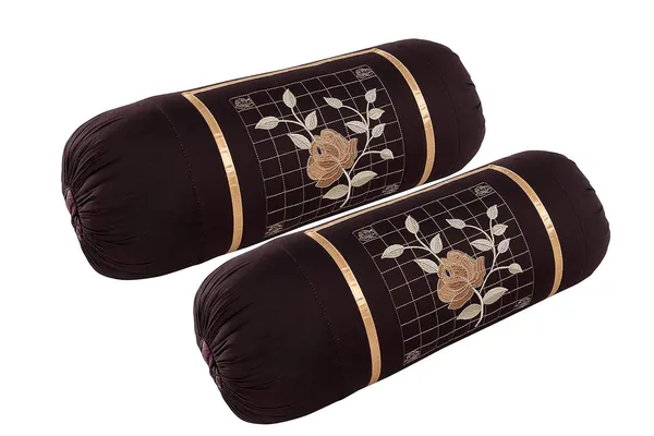 Set_Of_2_Piece_Dark_Brown_Microfiber_Rose_Embroidery_Bolsters_Covers__Dark
