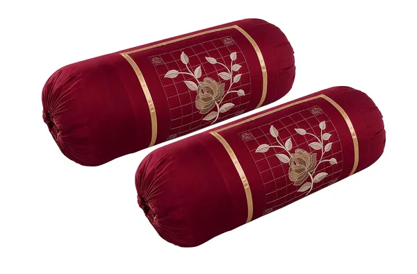 Set_Of_2_Piece_Maroon_Microfiber_Rose_Embroidery_Bolsters_Covers