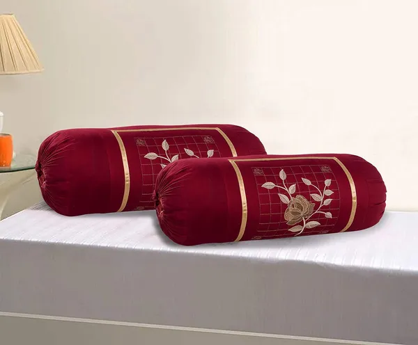 Set_Of_2_Piece_Maroon_Microfiber_Rose_Embroidery_Bolsters_Covers