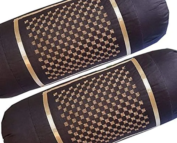 Set_Of_2_Piece_Brown,_Coffee_Cotton_Bolster_Cover_With_Beautiful_Diamond_Embroidery_,_16_Inch_X_32_Inch