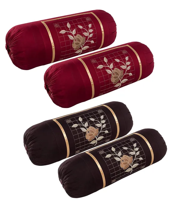 Pack_Of_4_Piece_Maroon_&_Brown_Microfiber_Rose_Embroidery_Bolsters_Covers