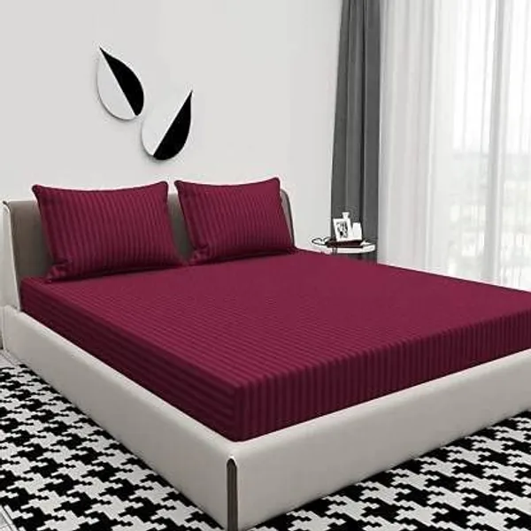 Wine_Elastic_Fitted_Stripes_King_Size_Bedsheet_With_2_Pillow_2,_Cotton_(_245*230_Cm_)