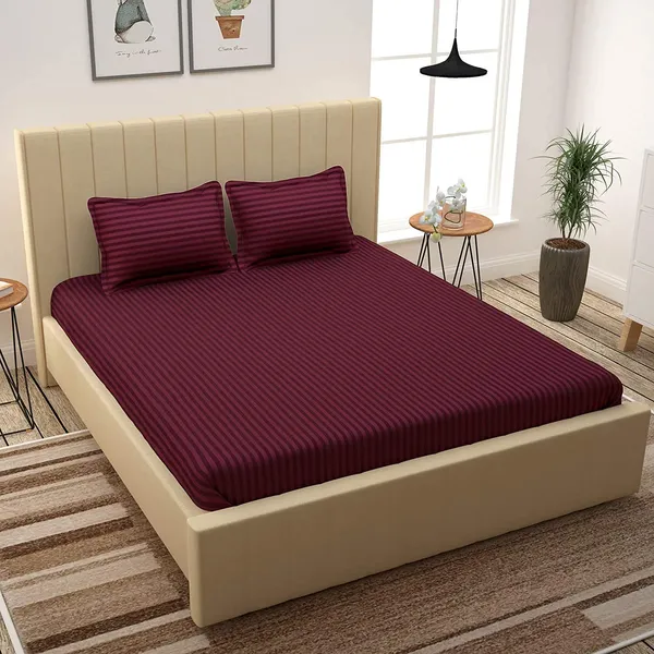 Wine_Elastic_Fitted_Stripes_King_Size_Bedsheet_With_2_Pillow_2,_Cotton_(_245*230_Cm_)