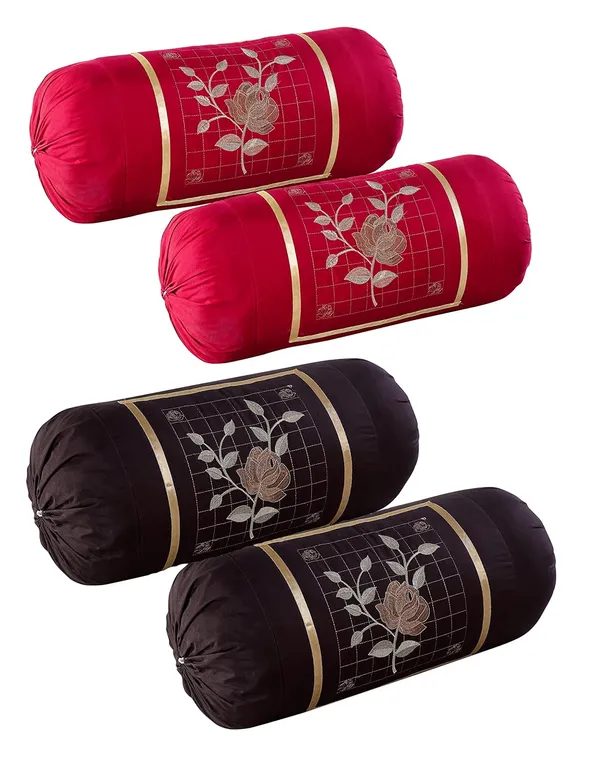 Set_Of_4_Piece_Maroon_&_Brown_Embroided_Cotton_Bolster_Covers
