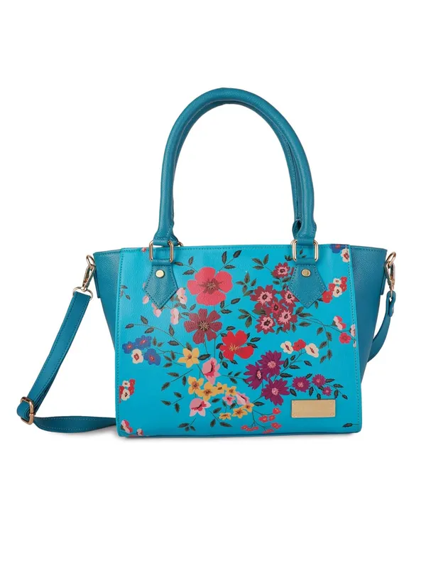Turquoise_Premium_Quality_Vegan_Leather_Flower_Print_Handbag_(_For_Women