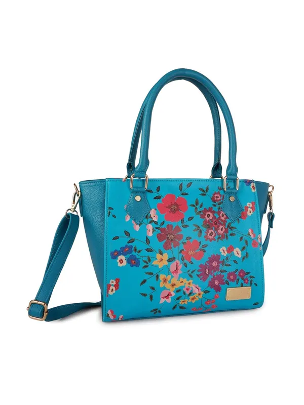 Turquoise_Premium_Quality_Vegan_Leather_Flower_Print_Handbag_(_For_Women