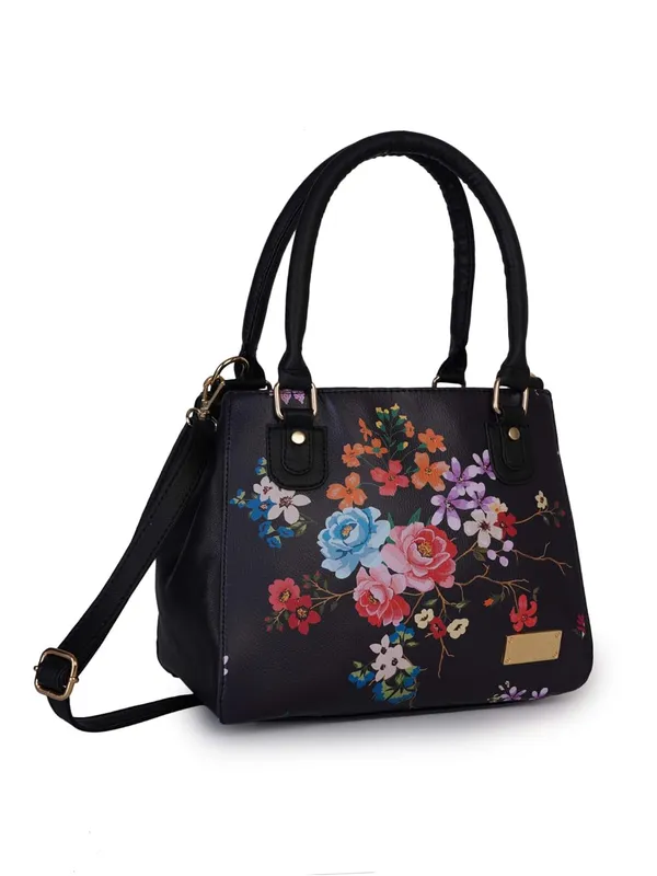 Black_Premium_Quality_Vegan_Leather_Flower_Print_Handbag_For_Women